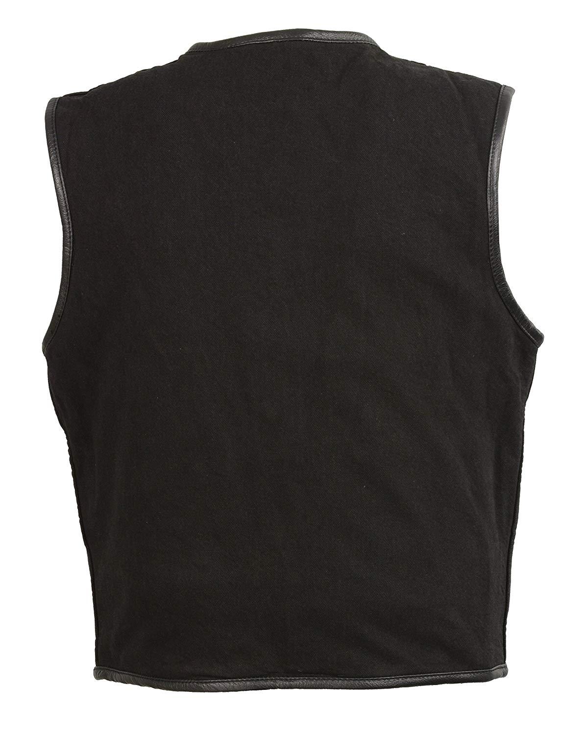 Club Vest CVM3038 Men's Black Denim Collarless Motorcycle Club Style Vest with Leather Trim - Image 3