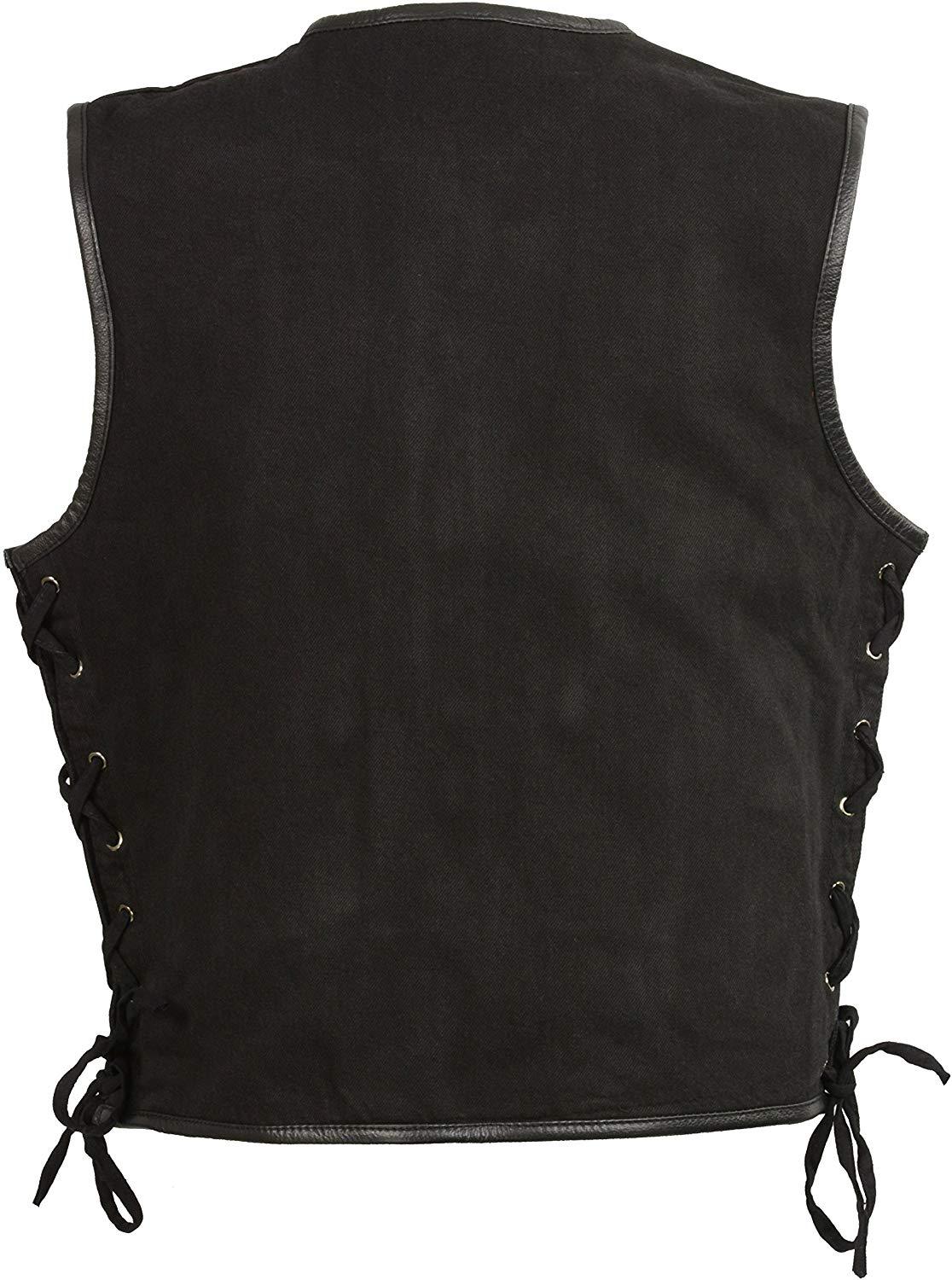 Club Vest CVM3039 Men's Black Denim Motorcycle Rider Vest with Leather Trim and Side Laces - Image 3