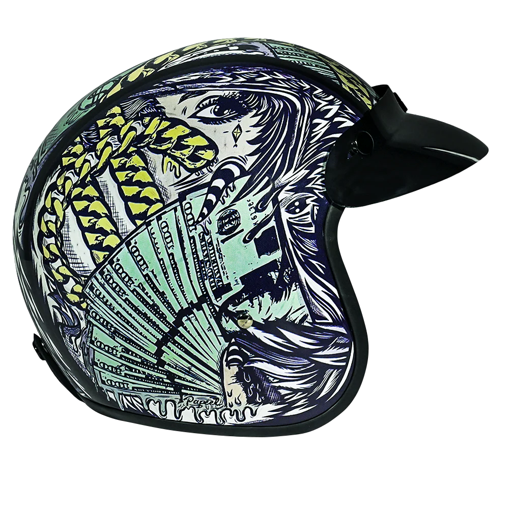 DOT Approved Daytona Cruiser Open Face Motorcycle Helmet - Men, Women & Youth - With Visor & Graphics - W/ Money - Image 3