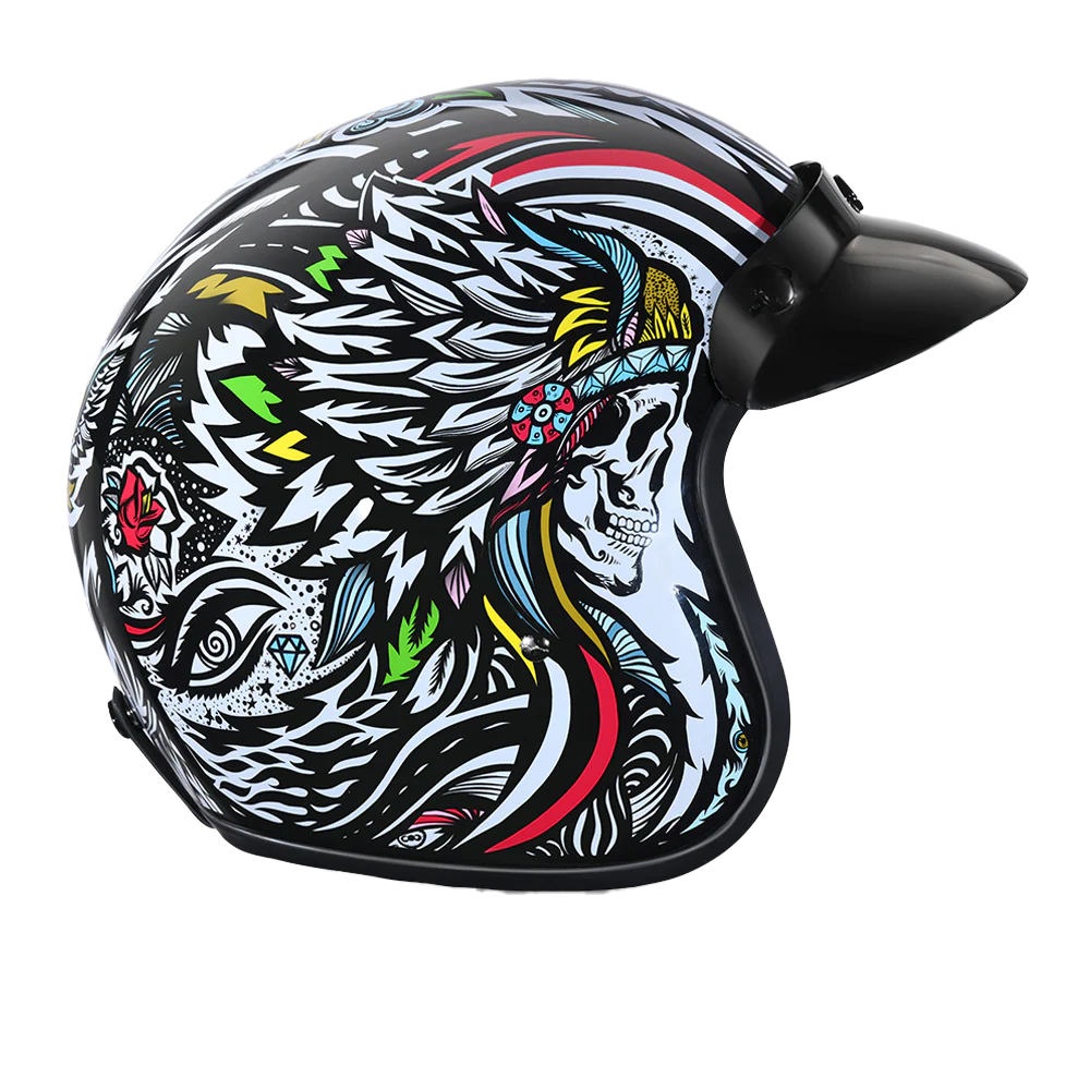 DOT Approved Daytona Cruiser Open Face Motorcycle Helmet - Men, Women & Youth - With Visor & Graphics - W/ Tribal - Image 3