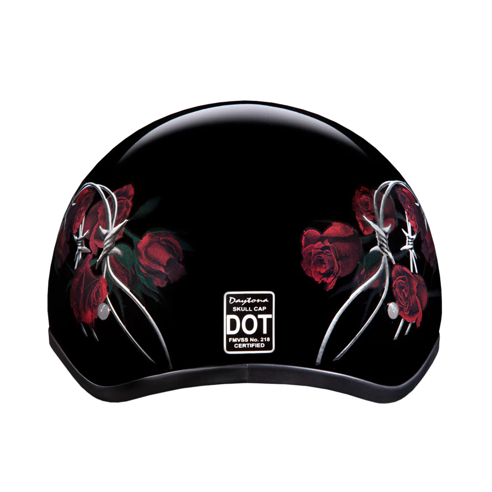 DOT Approved Daytona Motorcycle Half Face Helmet - Skull Cap Graphics for Men & Women, Scooters, ATVs, UTVs & Choppers - W/ Barbed Roses - Image 3