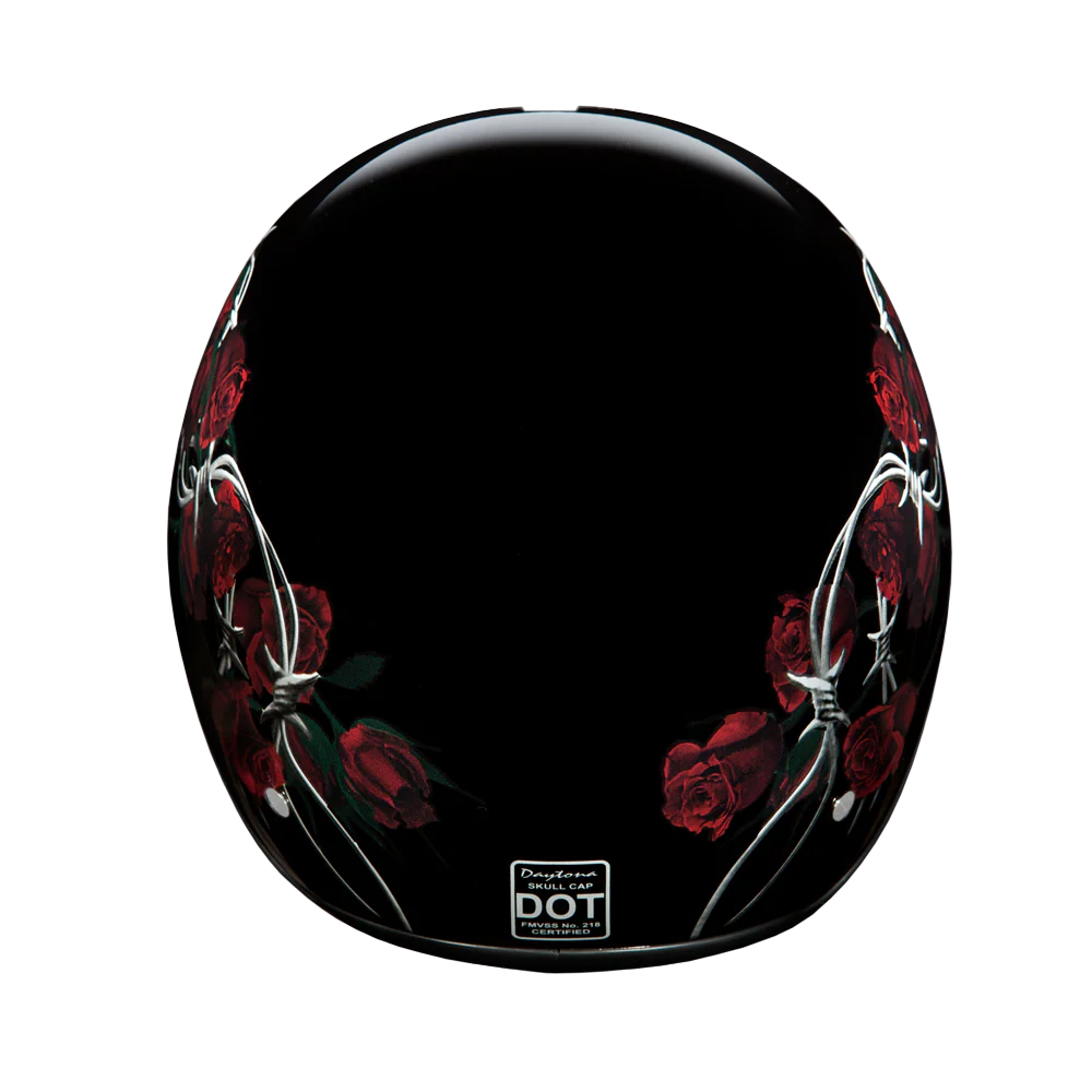 DOT Approved Daytona Motorcycle Half Face Helmet - Skull Cap Graphics for Men & Women, Scooters, ATVs, UTVs & Choppers - W/ Barbed Roses - Image 5