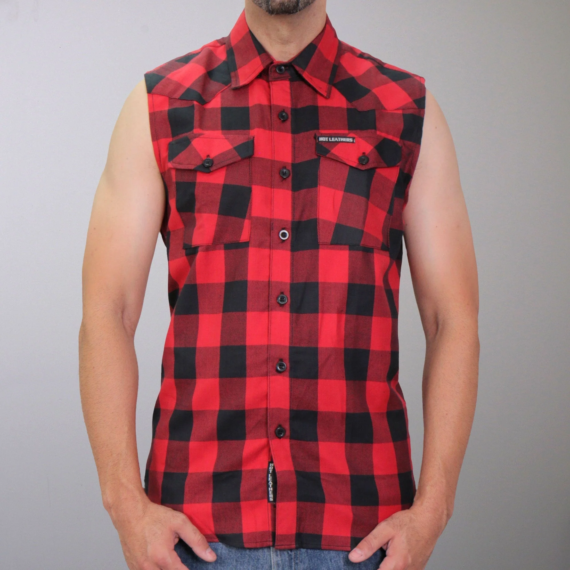 Hot Leathers FLM5001 Men’s Black and Red Sleeveless Cotton Flannel Shirt - Image 2