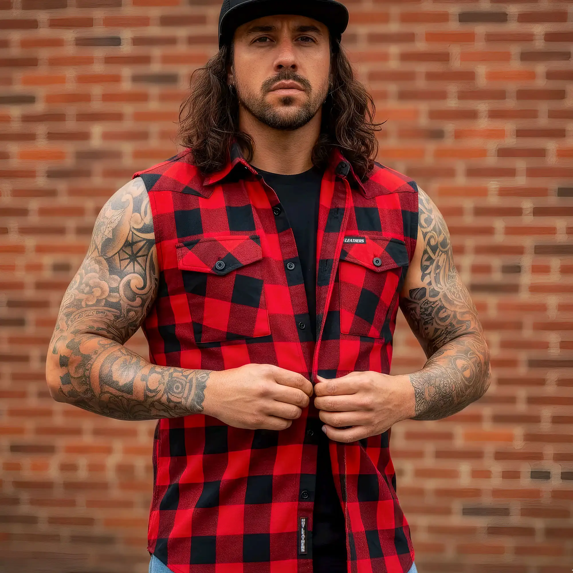 Hot Leathers FLM5001 Men’s Black and Red Sleeveless Cotton Flannel Shirt - Image 5
