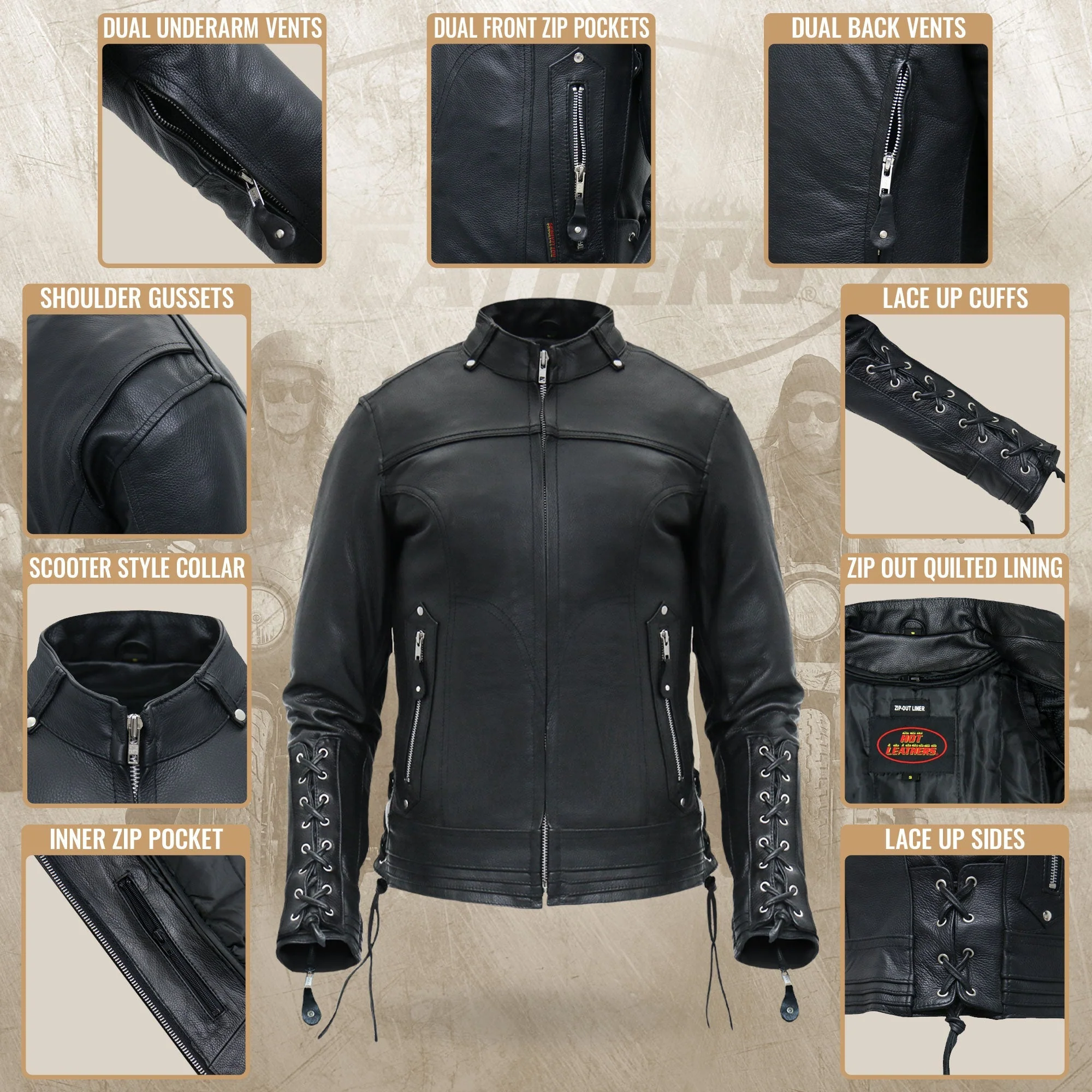Hot Leathers JKL1025 Ladies Motorcycle style Lace Up Sleeves Leather Biker Jacket - Image 10