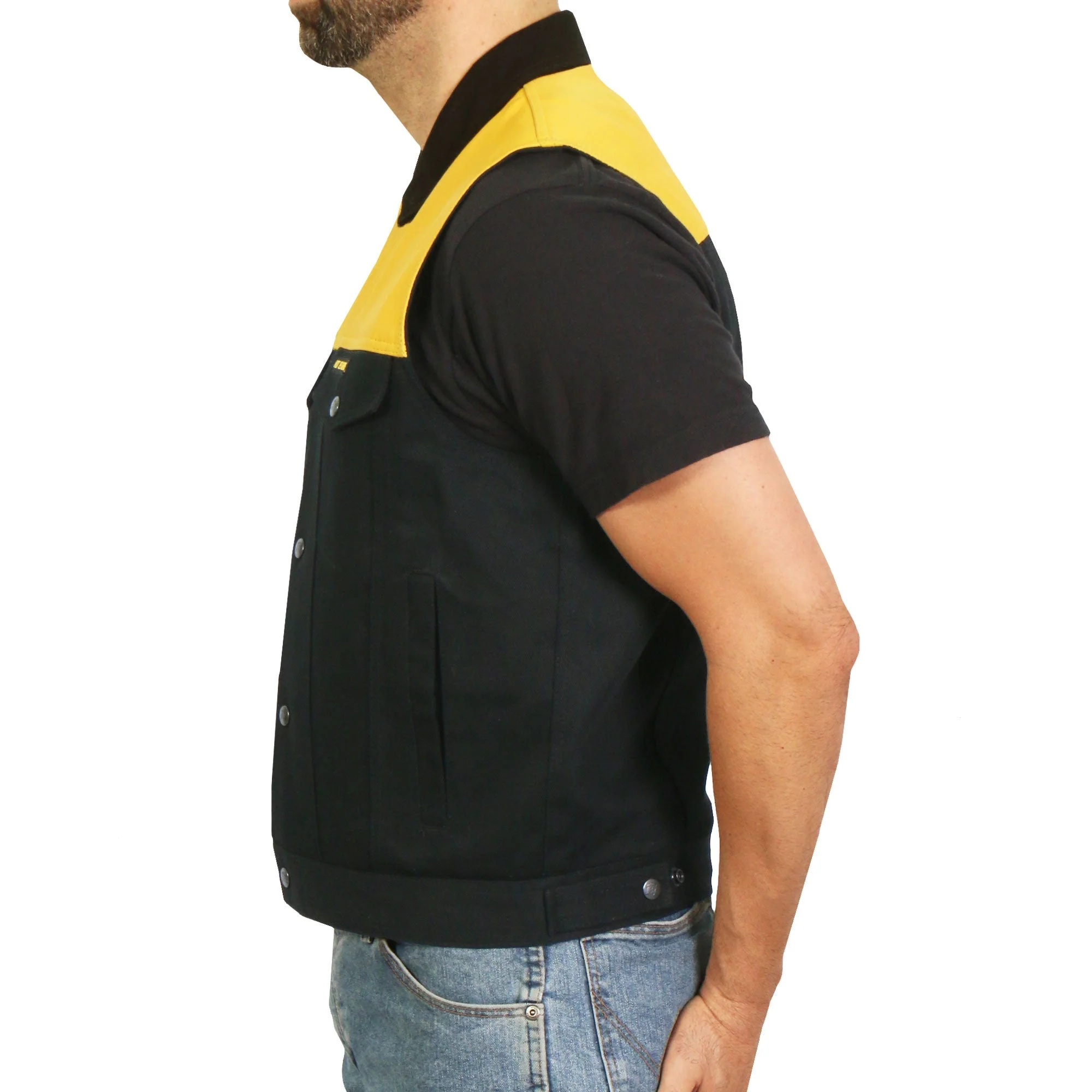 Hot Leathers Men’s Black and Yellow Denim Conceal Carry Vest - Image 4