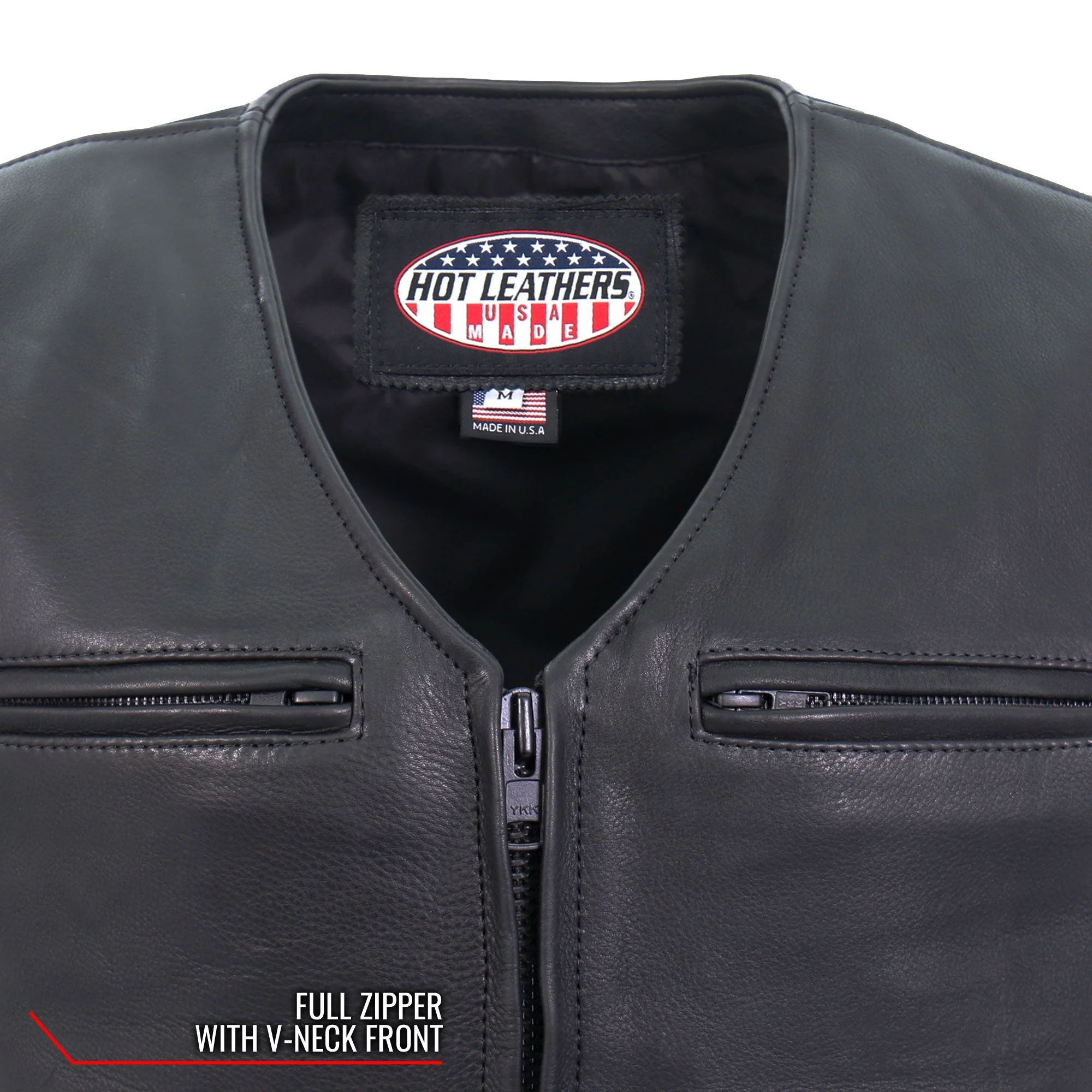 Hot Leathers Premium USA Made Leather V Neck Club Style Zipper Front Motorcycle Biker Vest - Image 10