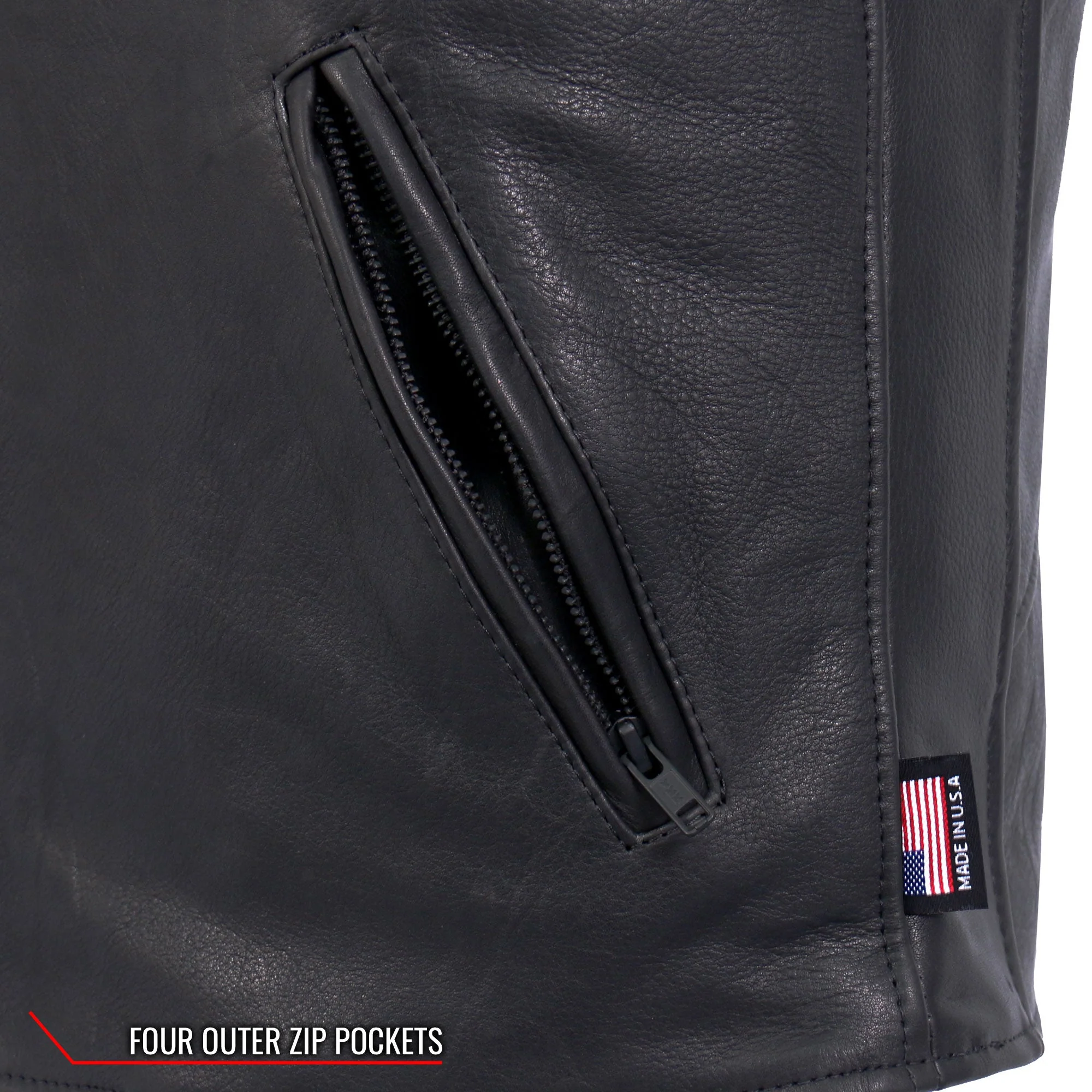 Hot Leathers Premium USA Made Leather V Neck Club Style Zipper Front Motorcycle Biker Vest - Image 11