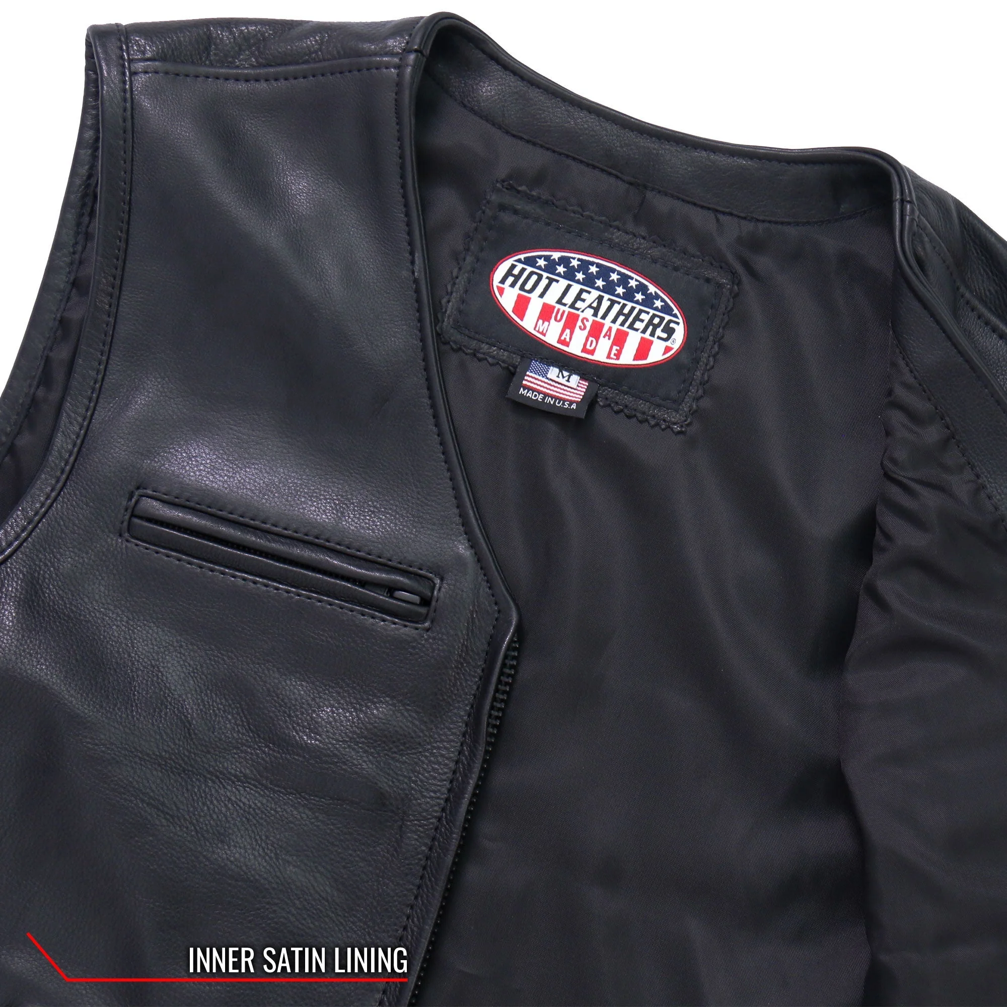 Hot Leathers Premium USA Made Leather V Neck Club Style Zipper Front Motorcycle Biker Vest - Image 12