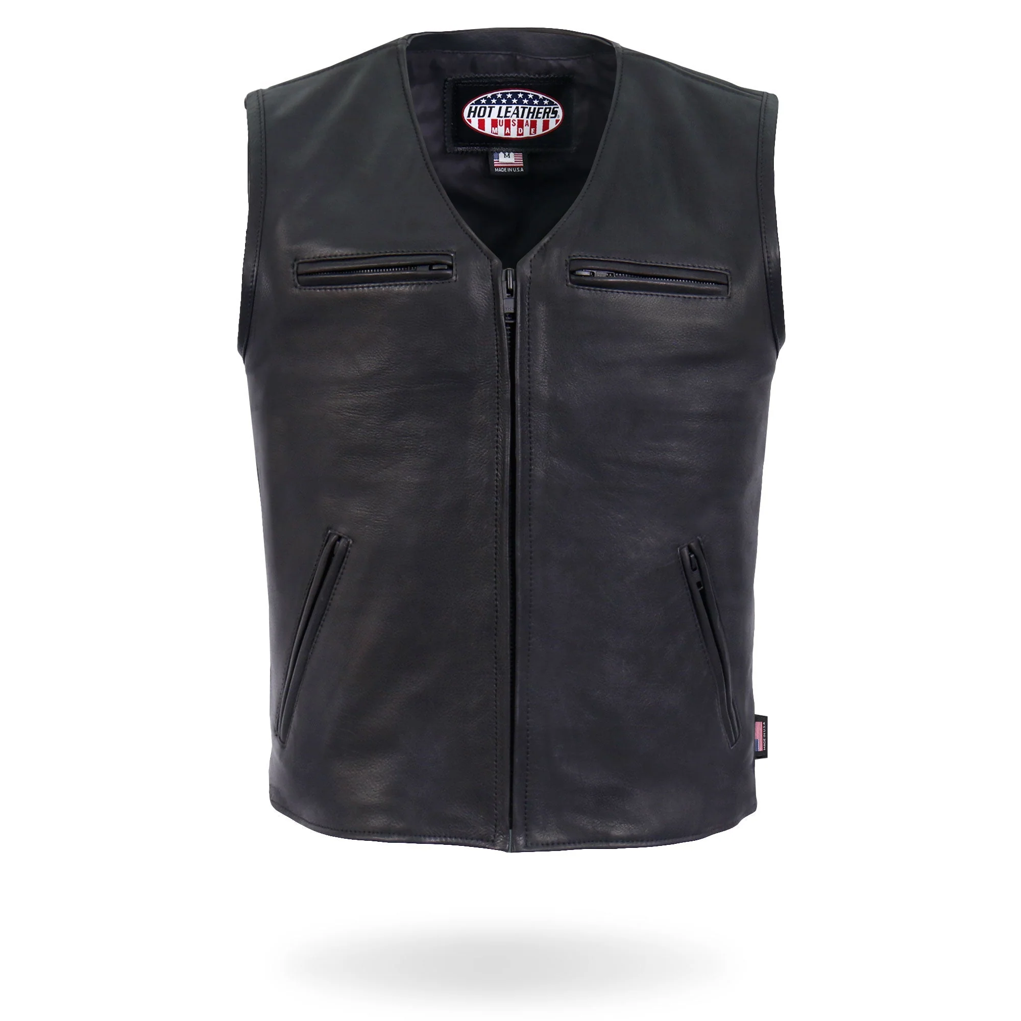 Hot Leathers Premium USA Made Leather V Neck Club Style Zipper Front Motorcycle Biker Vest - Image 6