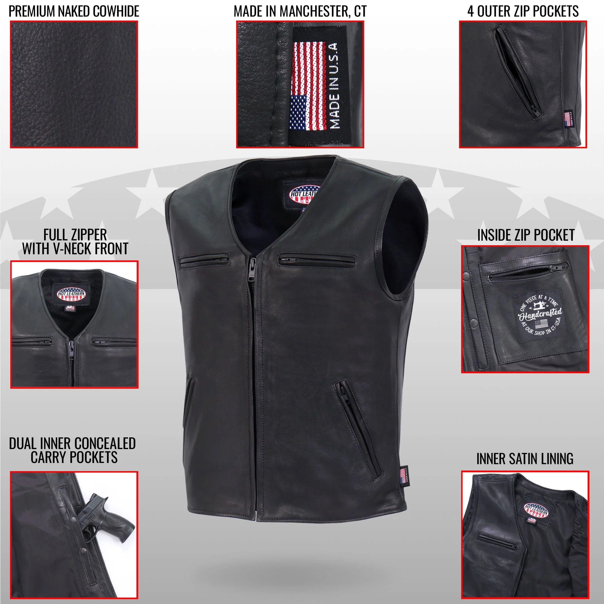 Hot Leathers Premium USA Made Leather V Neck Club Style Zipper Front Motorcycle Biker Vest - Image 8