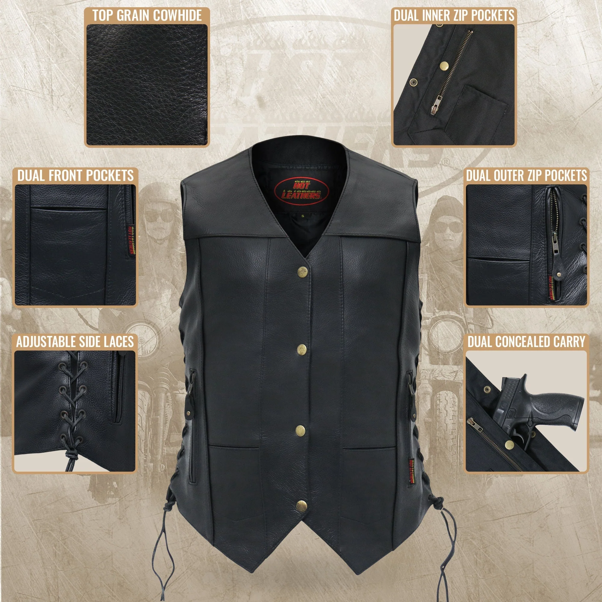 Hot Leathers VSL1008 Ladies Black Motorcycle 'Ten Pocket' Leather Biker Vest - Image 10