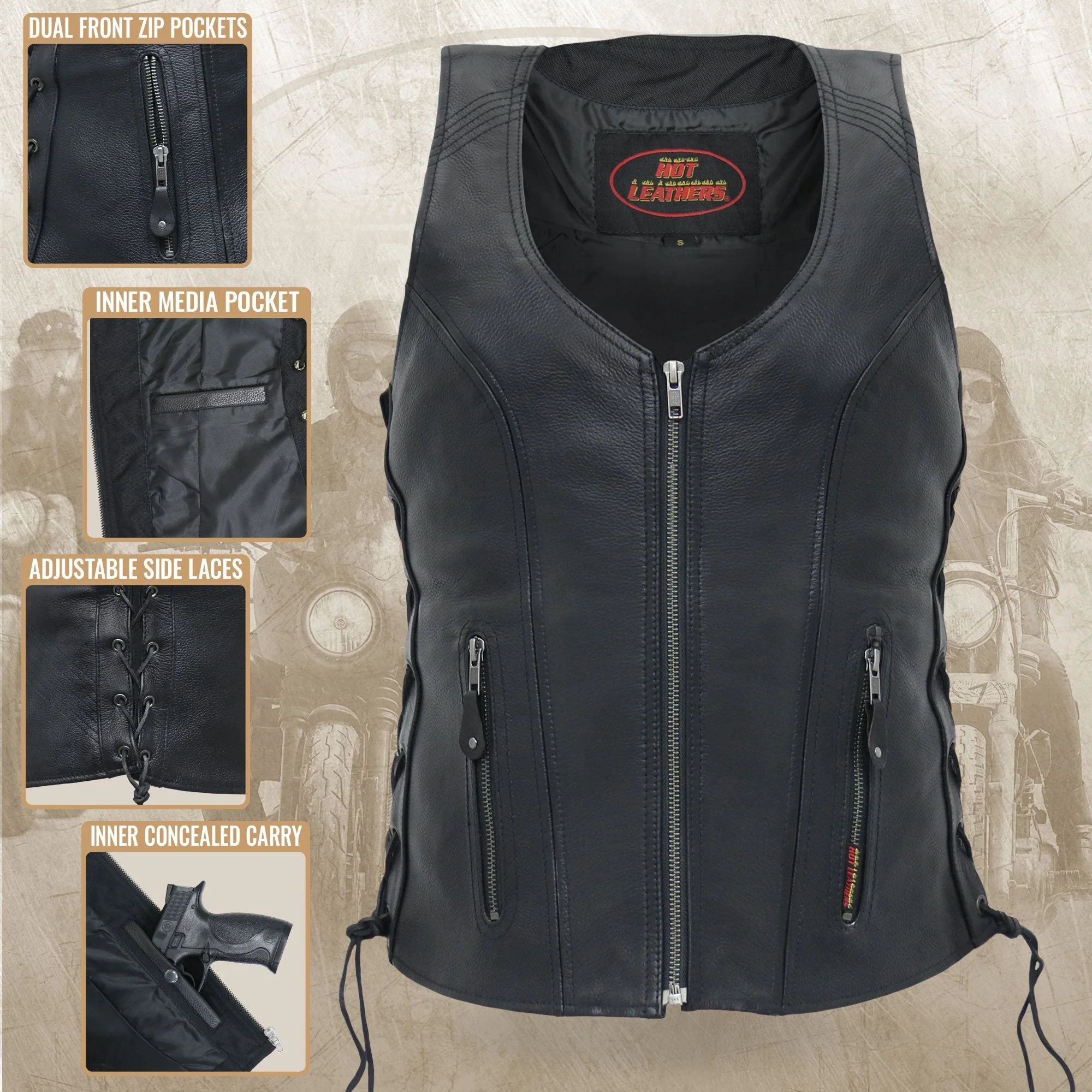 Hot Leathers VSL1013 Ladies motorcycle style Black Leather Side Lace Zip-Up Biker Vest - Image 10