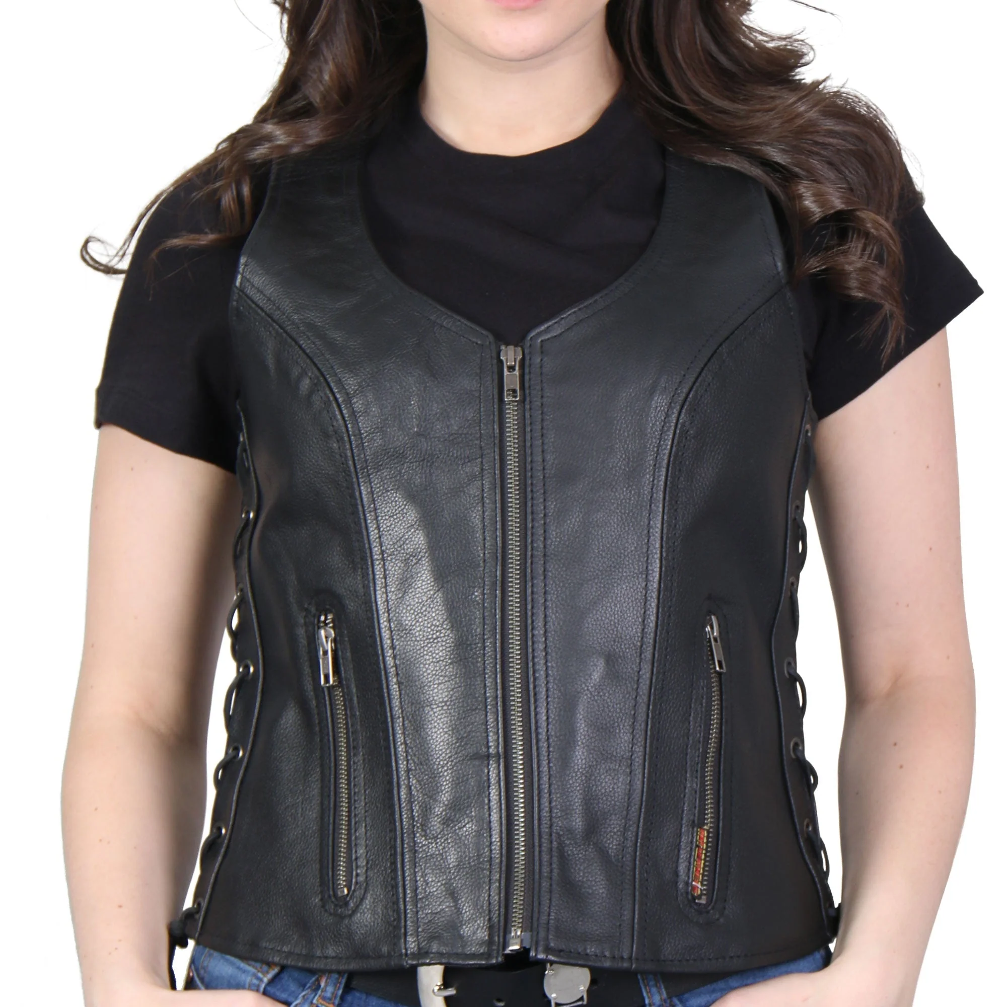 Hot Leathers VSL1013 Ladies motorcycle style Black Leather Side Lace Zip-Up Biker Vest - Image 15