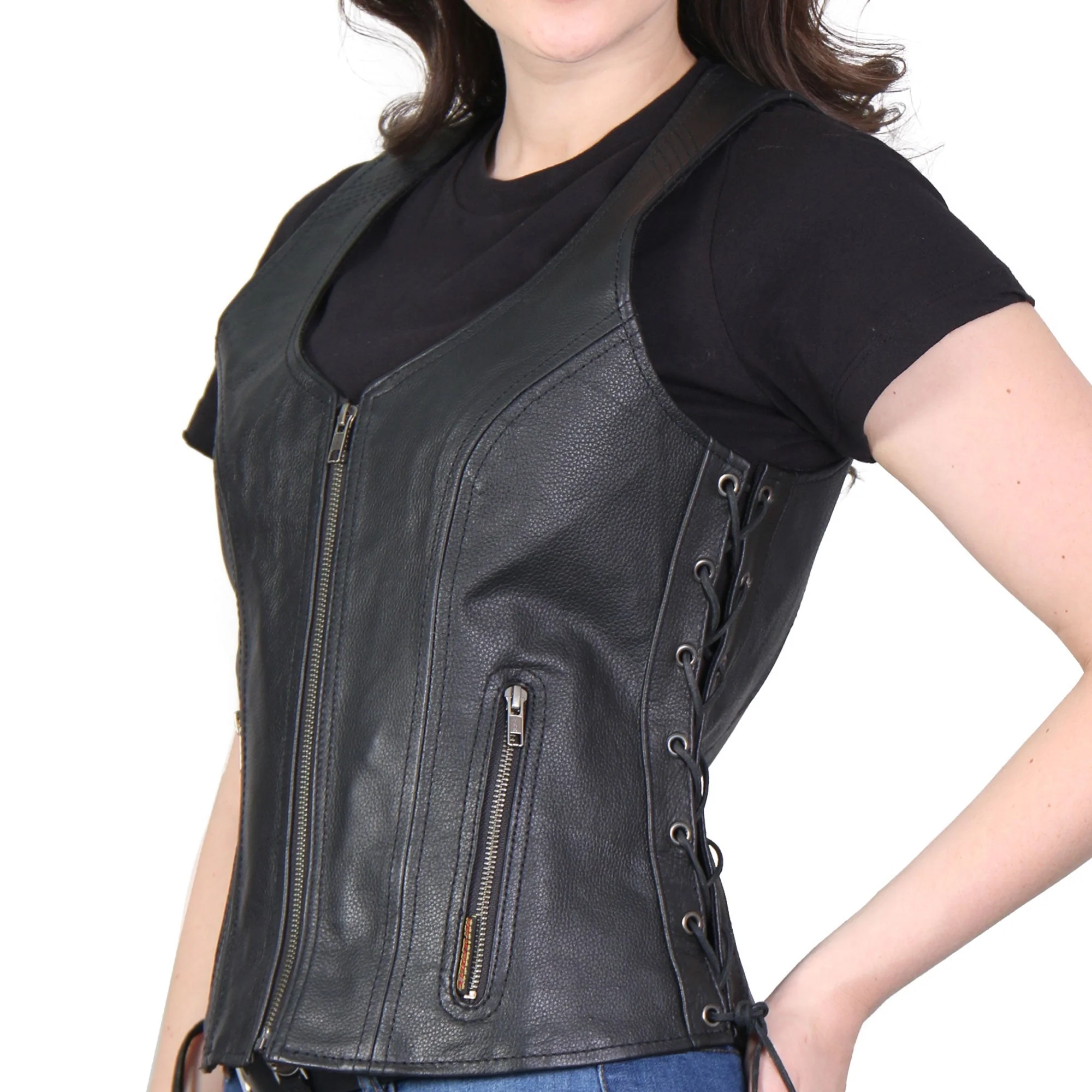 Hot Leathers VSL1013 Ladies motorcycle style Black Leather Side Lace Zip-Up Biker Vest - Image 16