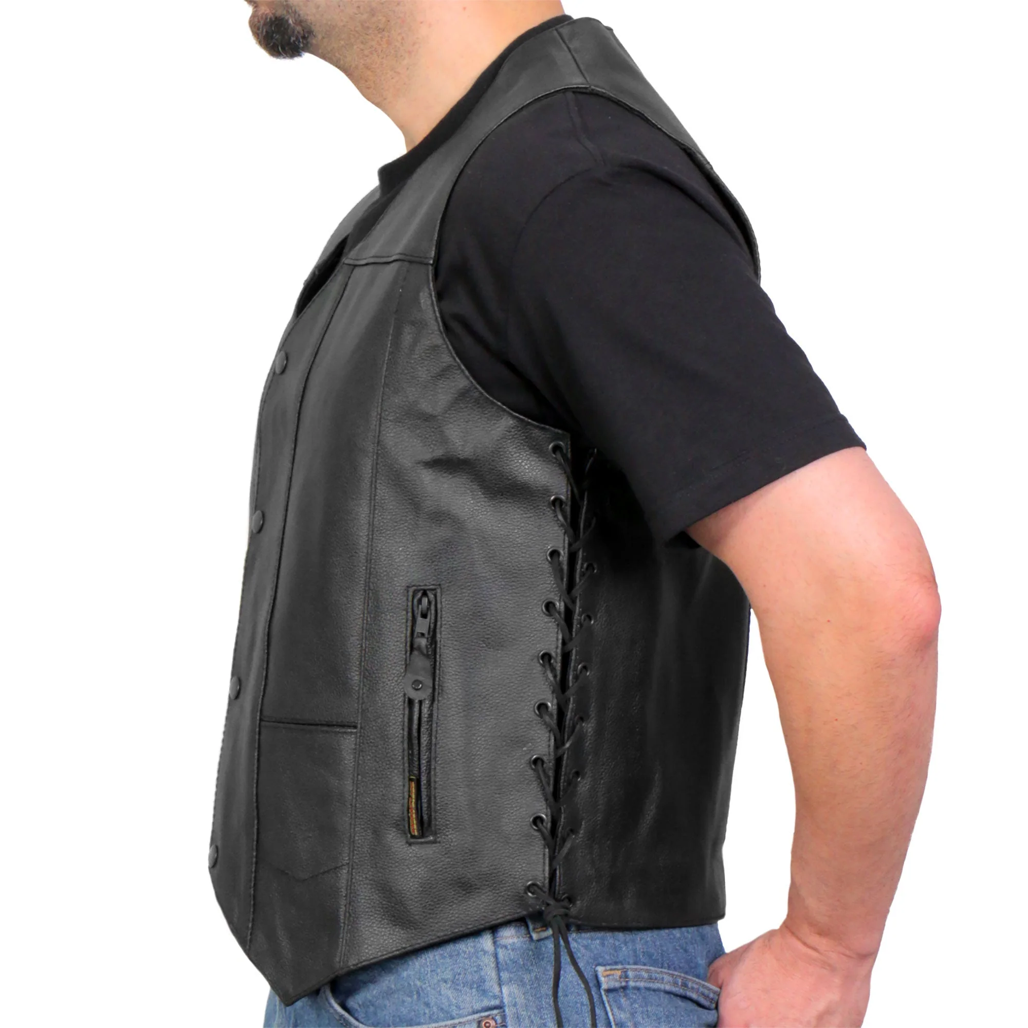 Hot Leathers VSM1017 Men's Motorcycle Black '10 Pocket' Leather Biker Vest with Side Laces - Image 11