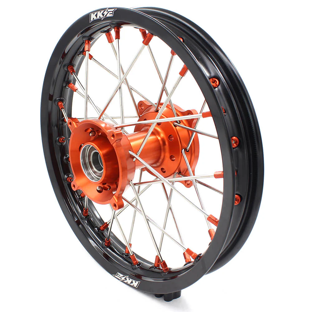 KKE 17"*1.4/14"*1.6 Kid's Big Wheels Rims Fit KTM SX 85 2003-2020 Orange Nipples & Silver Spokes - Image 12
