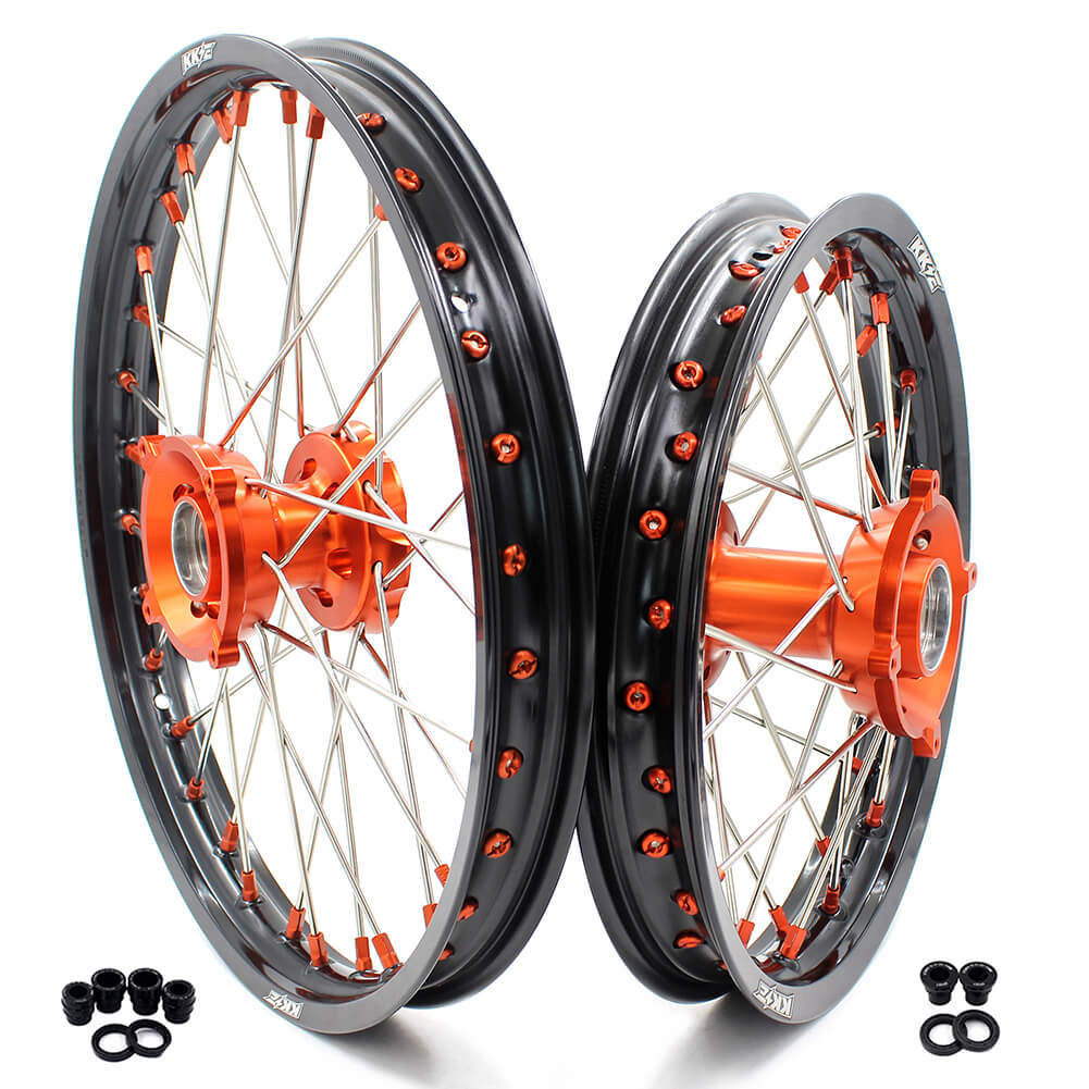 KKE 17"*1.4/14"*1.6 Kid's Big Wheels Rims Fit KTM SX 85 2003-2020 Orange Nipples & Silver Spokes - Image 2