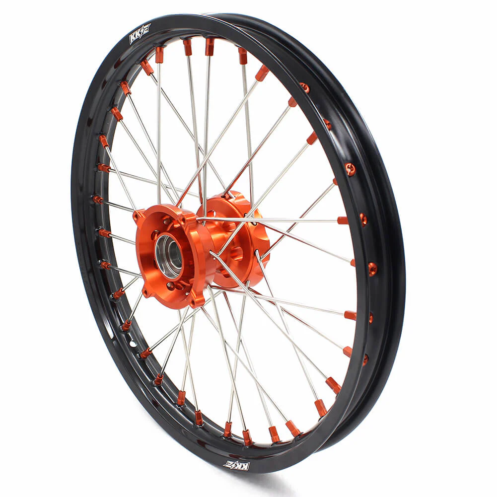 KKE 17"*1.4/14"*1.6 Kid's Big Wheels Rims Fit KTM SX 85 2003-2020 Orange Nipples & Silver Spokes - Image 8