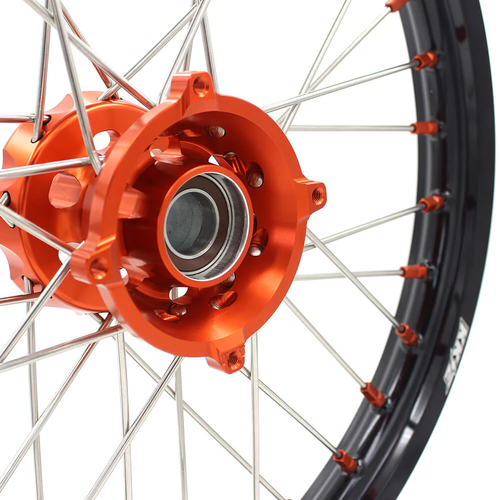 KKE 17"*1.4/14"*1.6 Kid's Big Wheels Rims Fit KTM SX 85 2003-2020 Orange Nipples & Silver Spokes - Image 9