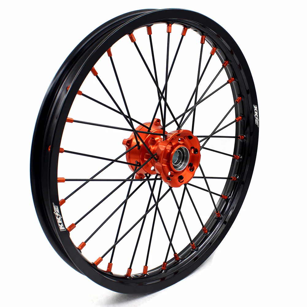 KKE 17/14 Spoked Kid's Small Wheels For KTM SX85 / GAS GAS MC 85 / Husqvarna TC 85 - 2021-2024 Orange Nipples & Black Spokes - Image 2