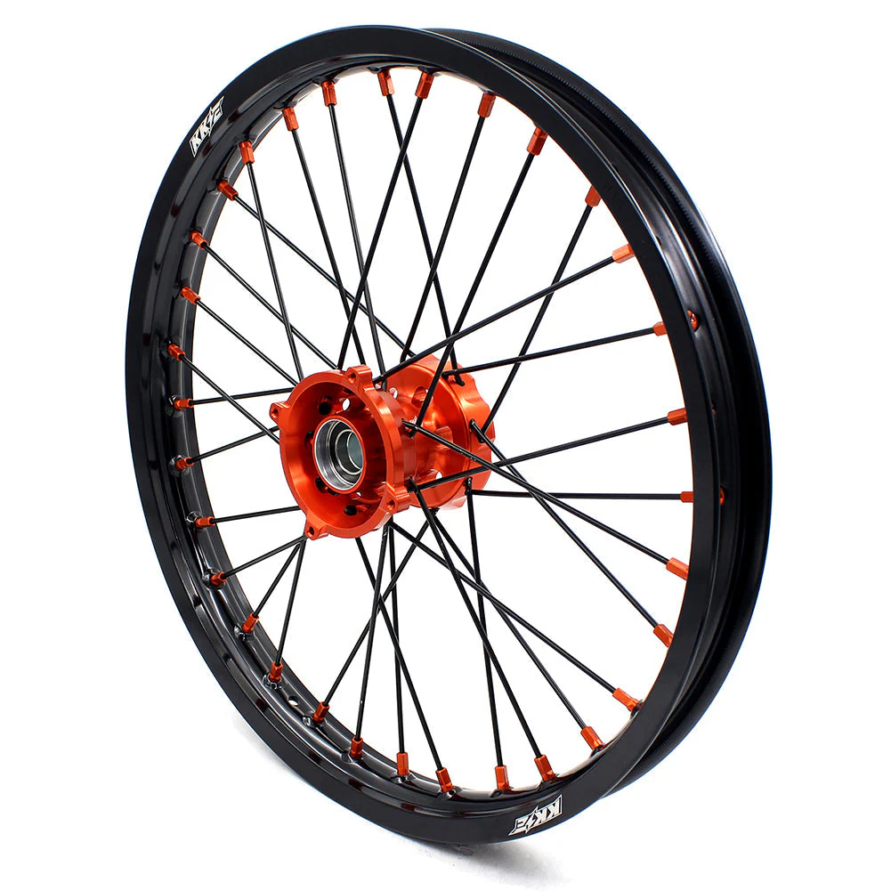 KKE 17/14 Spoked Kid's Small Wheels For KTM SX85 / GAS GAS MC 85 / Husqvarna TC 85 - 2021-2024 Orange Nipples & Black Spokes - Image 5