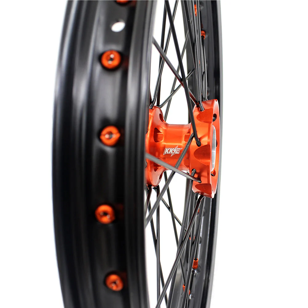 KKE 17/14 Spoked Kid's Small Wheels For KTM SX85 / GAS GAS MC 85 / Husqvarna TC 85 - 2021-2024 Orange Nipples & Black Spokes - Image 6