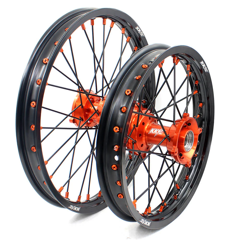 KKE 19"×1.6/16"×1.85 Spoke Kid's Big Wheels Rims Fit KTM SX 85 2003-2020 Orange Nipples & Black Spokes - Image 2