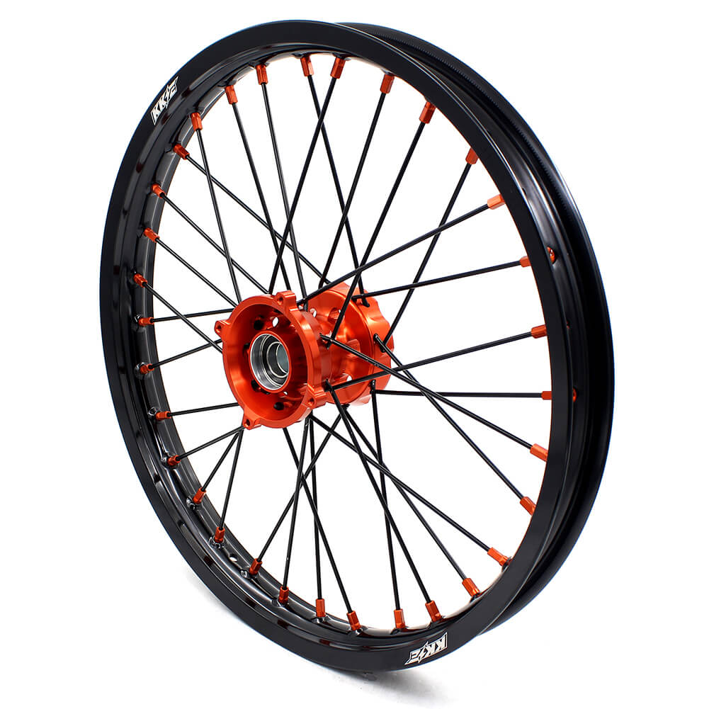 KKE 19"×1.6/16"×1.85 Spoke Kid's Big Wheels Rims Fit KTM SX 85 2003-2020 Orange Nipples & Black Spokes - Image 3