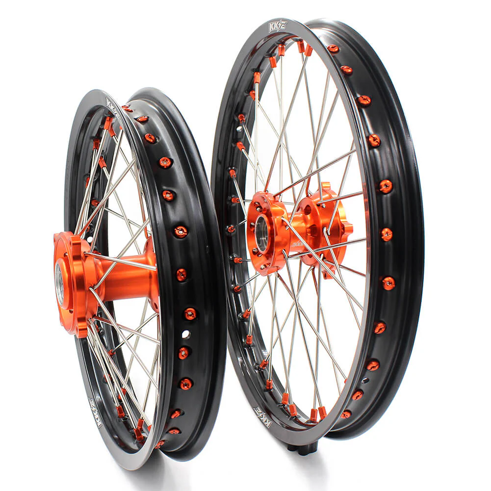 KKE 19in. 16in. Kid's Big Wheels Spoked Rims Fit KTM SX 85 2003-2020 Orange Nipples & Silver Spokes - Image 2