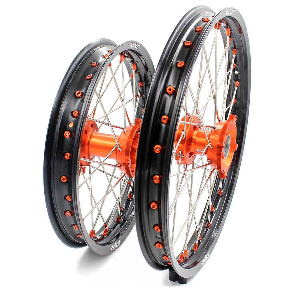 KKE 19in. 16in. Kid's Big Wheels Spoked Rims Fit KTM SX 85 2003-2020 Orange Nipples & Silver Spokes - Image 3