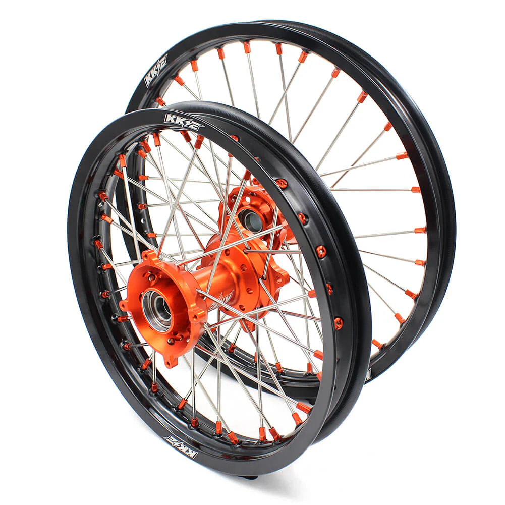 KKE 19in. 16in. Kid's Big Wheels Spoked Rims Fit KTM SX 85 2003-2020 Orange Nipples & Silver Spokes - Image 4