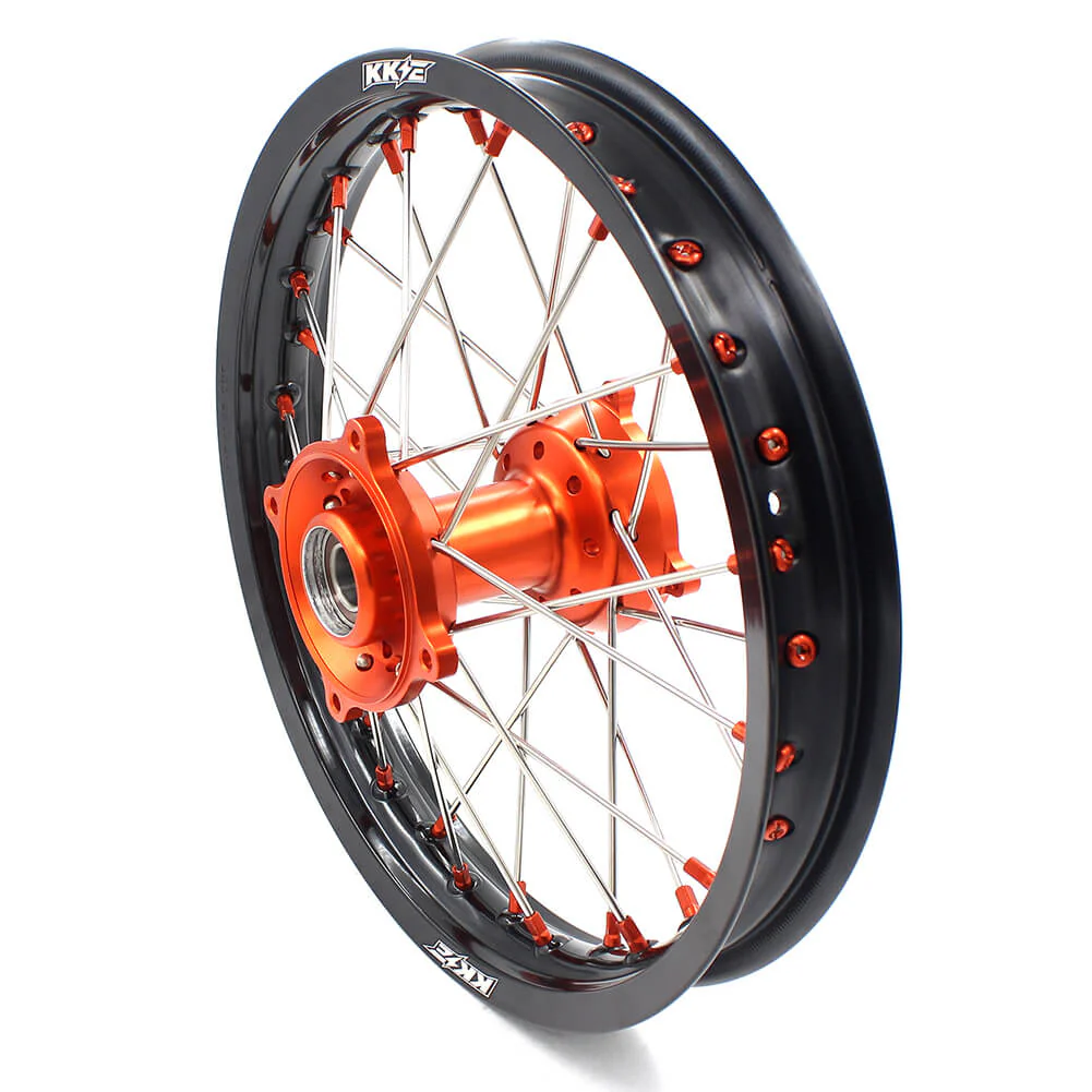 KKE 19in. 16in. Kid's Big Wheels Spoked Rims Fit KTM SX 85 2003-2020 Orange Nipples & Silver Spokes - Image 5