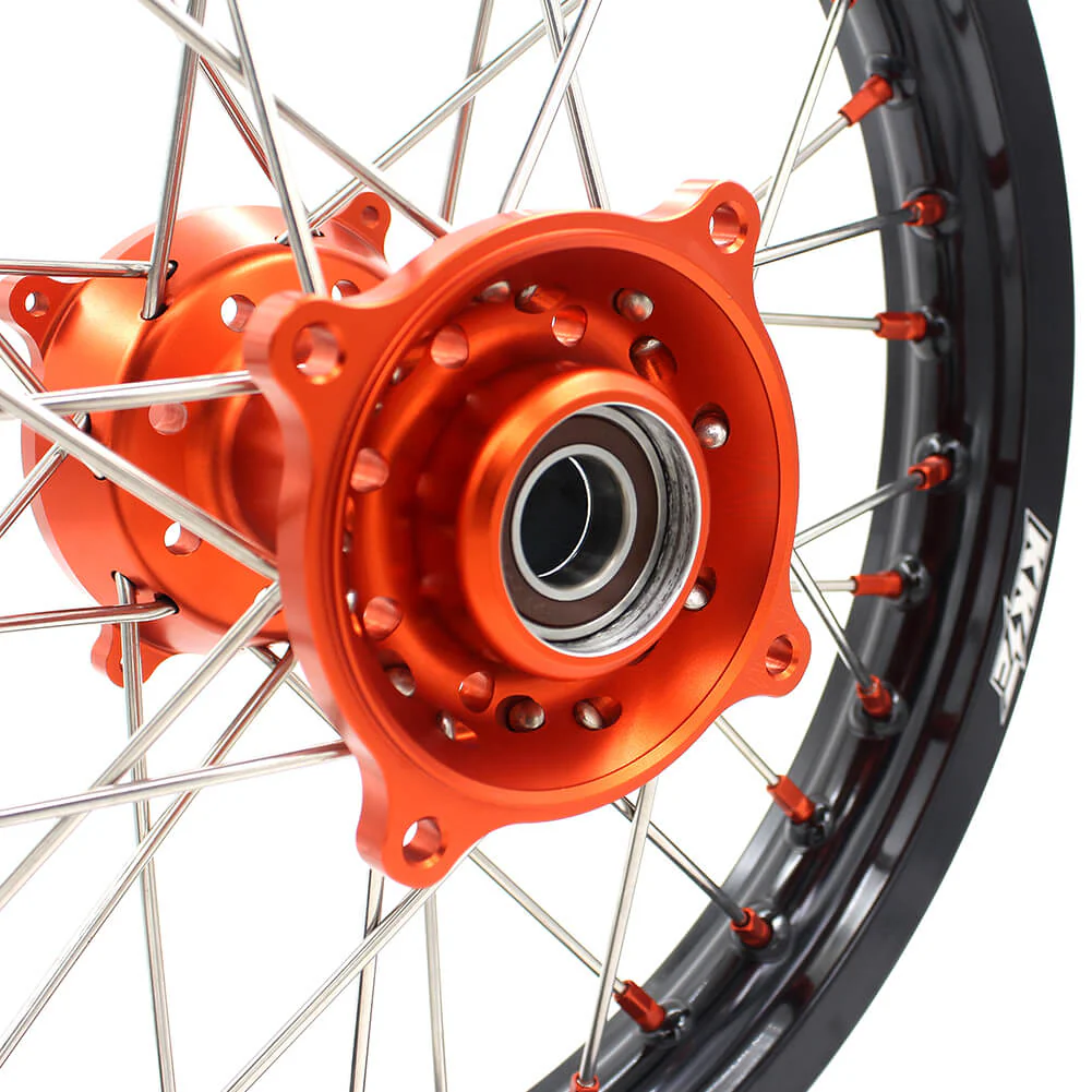 KKE 19in. 16in. Kid's Big Wheels Spoked Rims Fit KTM SX 85 2003-2020 Orange Nipples & Silver Spokes - Image 6