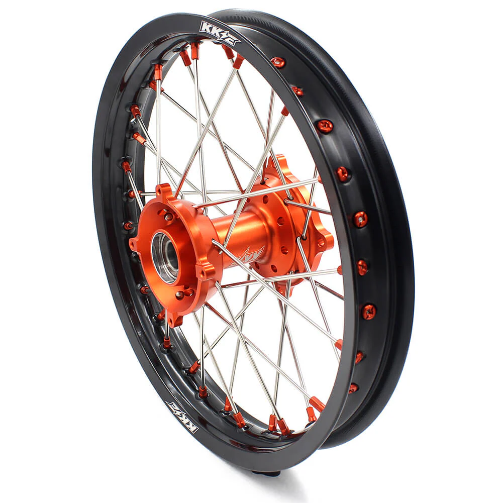 KKE 19in. 16in. Kid's Big Wheels Spoked Rims Fit KTM SX 85 2003-2020 Orange Nipples & Silver Spokes - Image 7