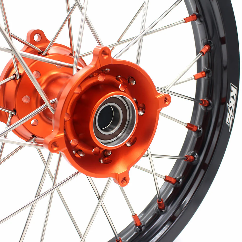 KKE 19in. 16in. Kid's Big Wheels Spoked Rims Fit KTM SX 85 2003-2020 Orange Nipples & Silver Spokes - Image 8