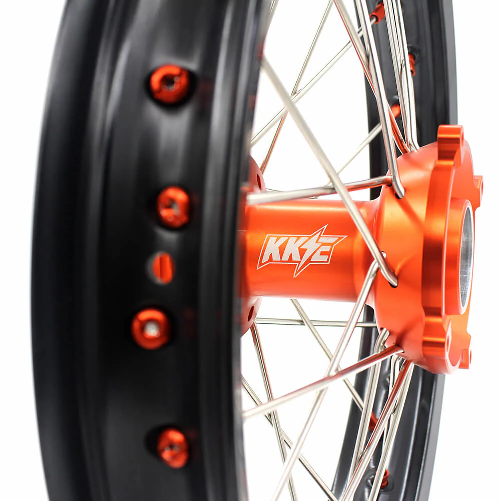 KKE 19in. 16in. Kid's Big Wheels Spoked Rims Fit KTM SX 85 2003-2020 Orange Nipples & Silver Spokes - Image 9