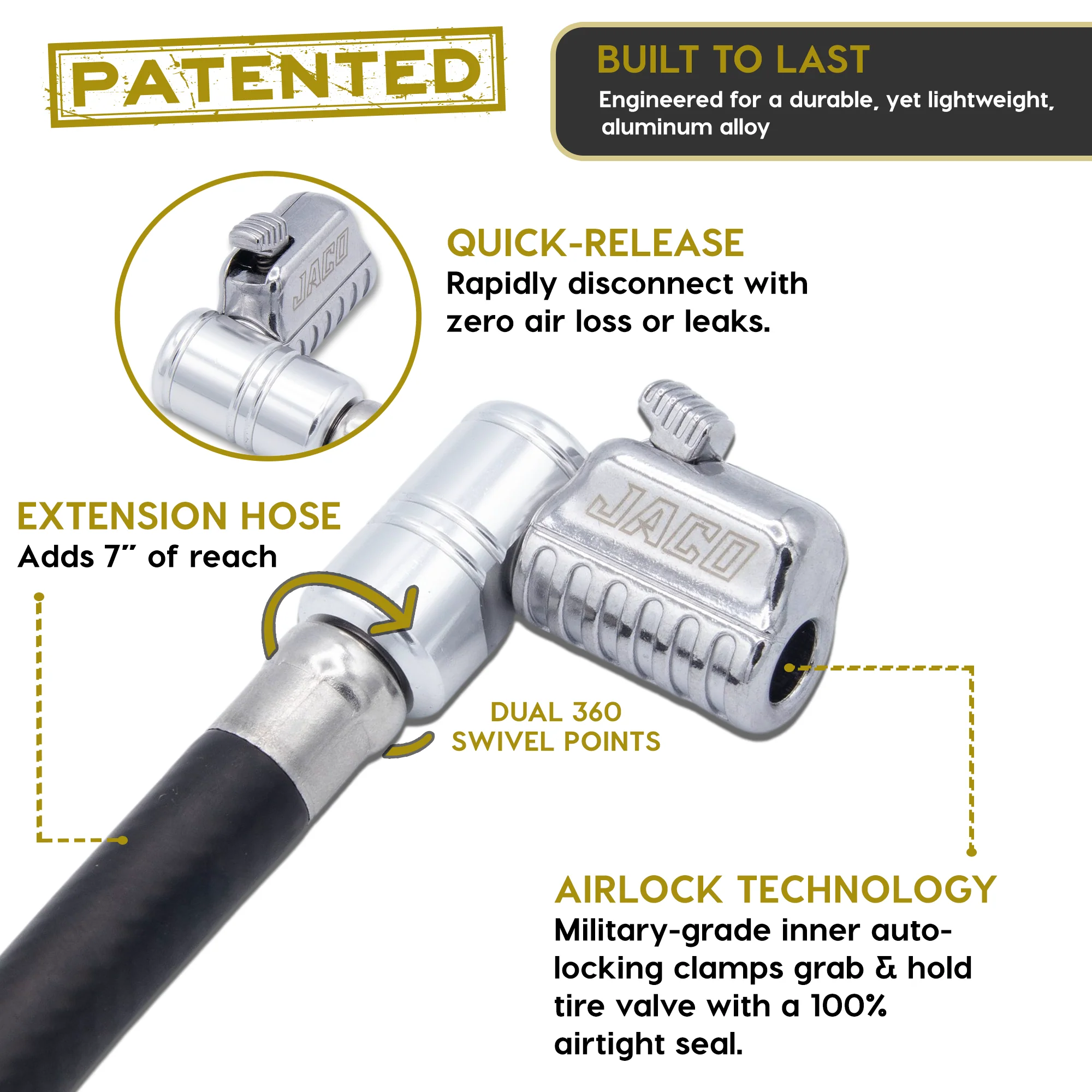 Lightning L2X Tire Inflator Hose Extension Self-Locking Nozzle | Patented Lock-on Air Hose Adapter for Tire Pumps (Open Flow) - Image 2