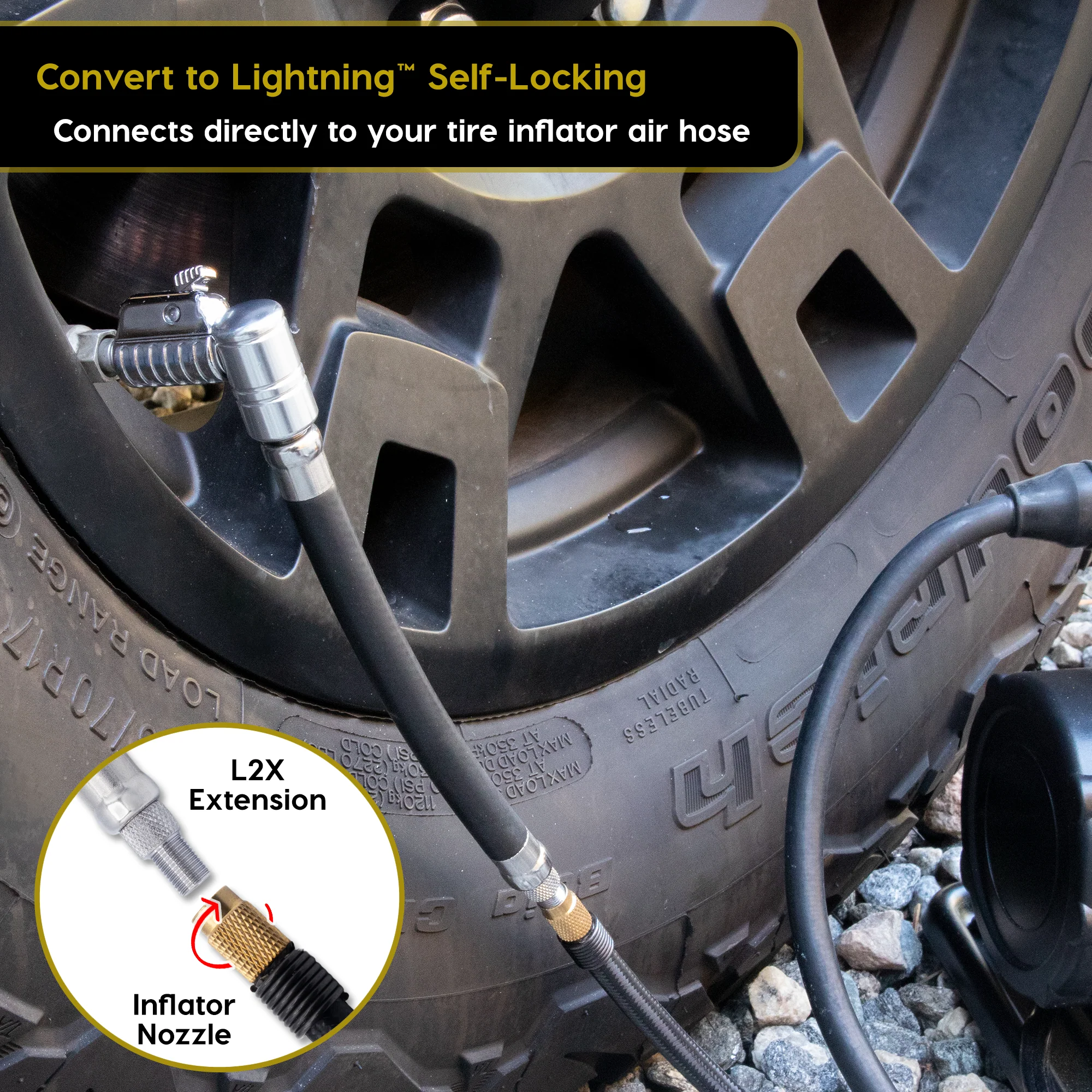 Lightning L2X Tire Inflator Hose Extension Self-Locking Nozzle | Patented Lock-on Air Hose Adapter for Tire Pumps (Open Flow) - Image 4