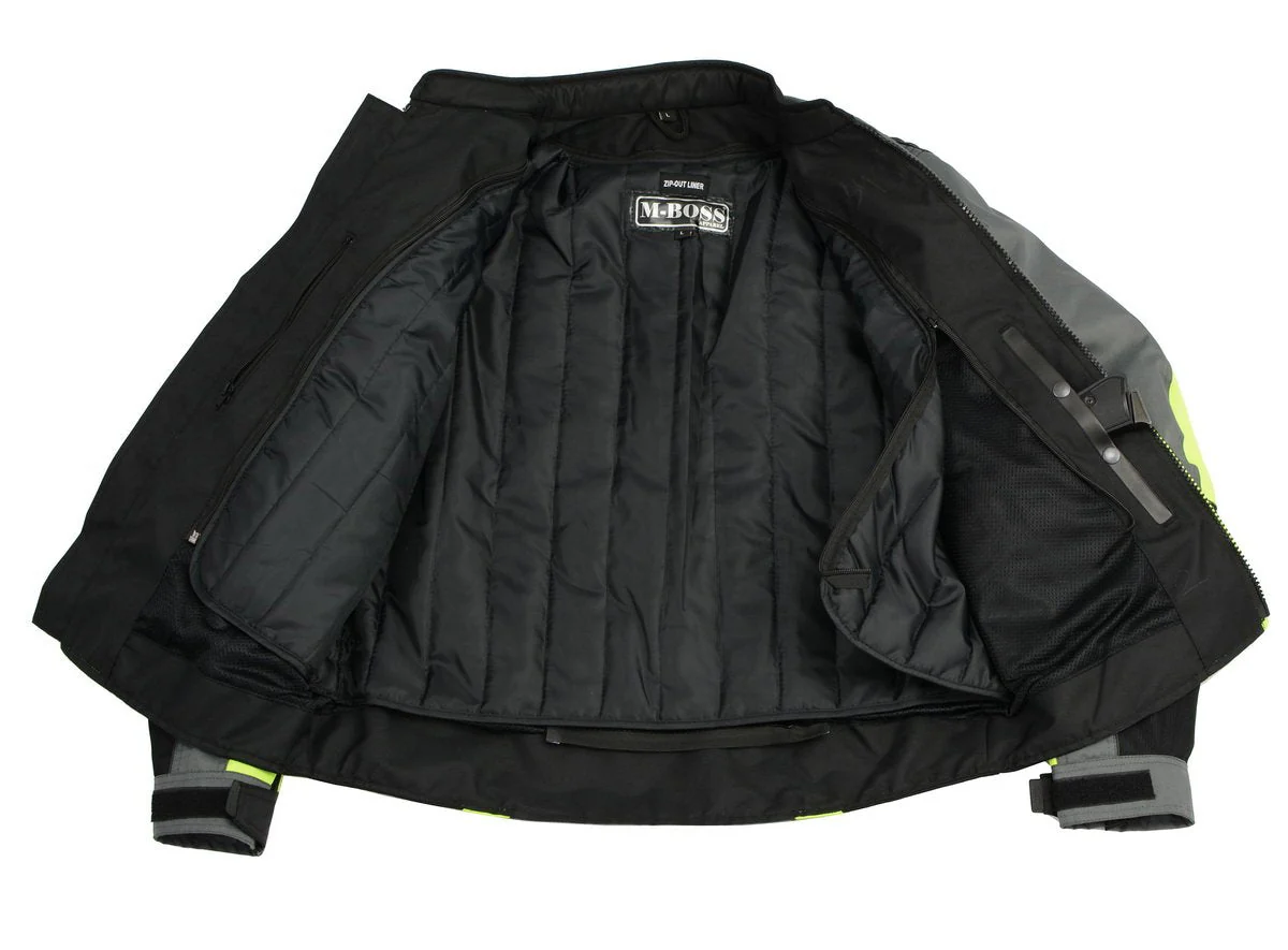 M Boss Motorcycle Apparel BOS11706 Men's Grey/Hi-Vis Green Nylon Motorcycle Racer Jacket with Armor Protection - Image 4