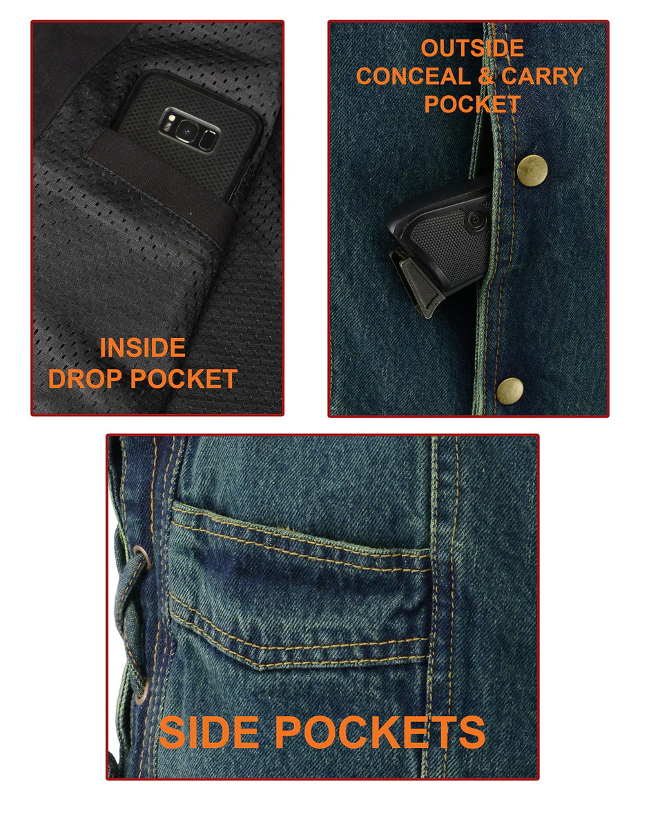 M Boss Motorcycle Apparel BOS13003 Men's Black Denim Motorcycle Side Lace Vest with Quick Draw Pocket - Image 11