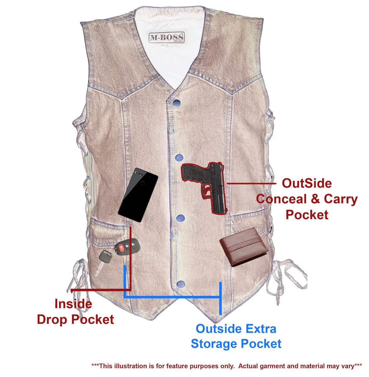 M Boss Motorcycle Apparel BOS13003 Men's Black Denim Motorcycle Side Lace Vest with Quick Draw Pocket - Image 12