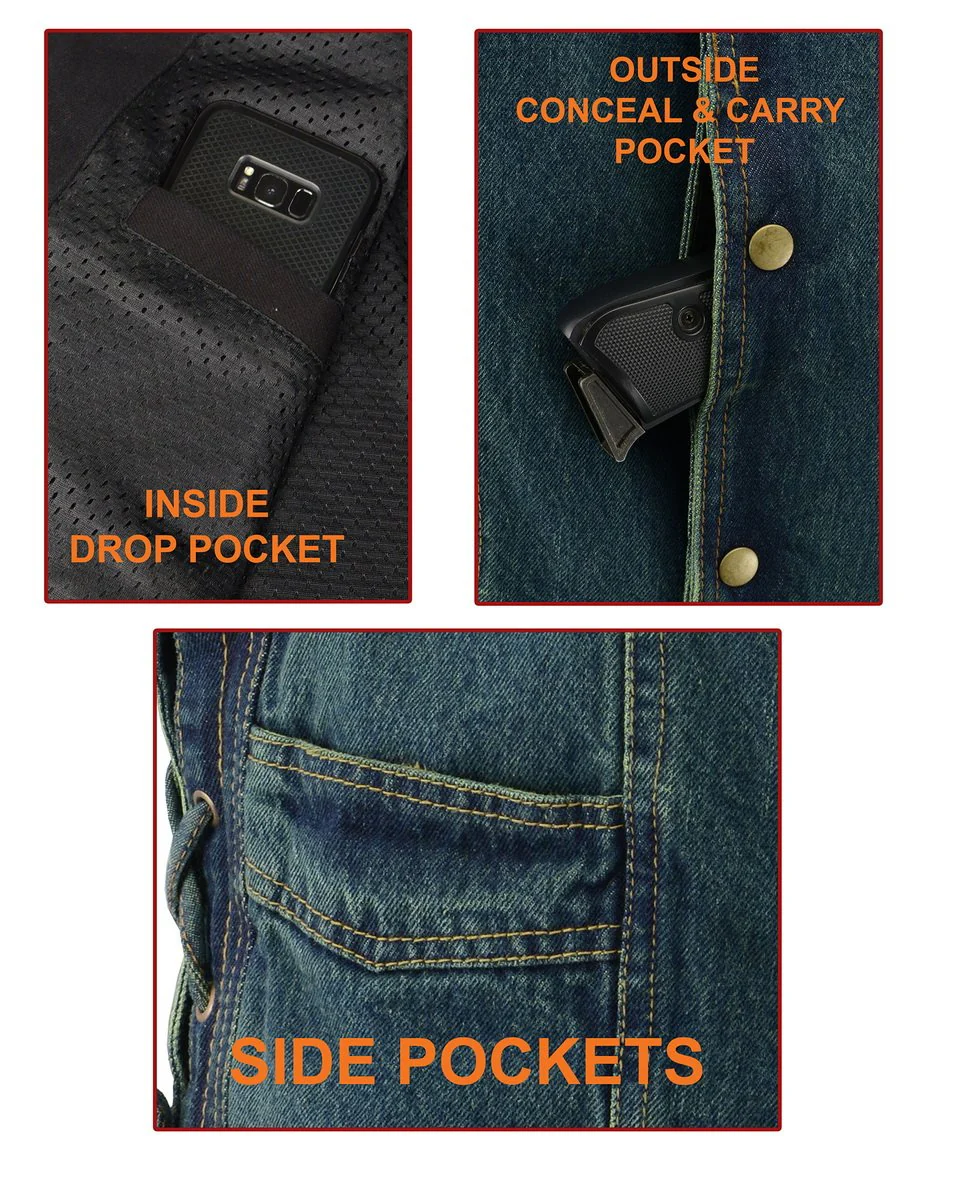 M Boss Motorcycle Apparel BOS13003 Men's Black Denim Motorcycle Side Lace Vest with Quick Draw Pocket - Image 3