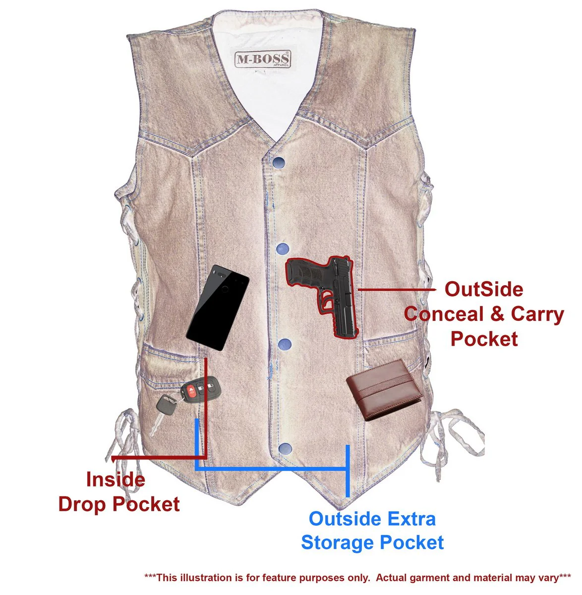 M Boss Motorcycle Apparel BOS13003 Men's Black Denim Motorcycle Side Lace Vest with Quick Draw Pocket - Image 4
