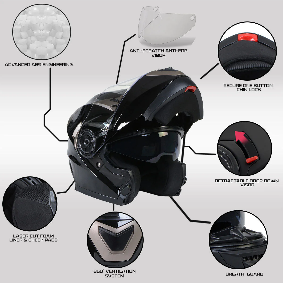 Milwaukee Helmets MPH9806DOT 'Ionized' Gloss Black Modular Helmet for Men and Women Biker w/ MP7922FMSET Heated Balaclava Bundle - Image 4