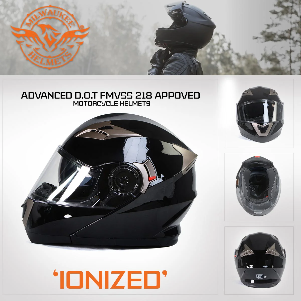 Milwaukee Helmets MPH9806DOT 'Ionized' Gloss Black Modular Helmet for Men and Women Biker w/ MP7922FMSET Heated Balaclava Bundle - Image 7