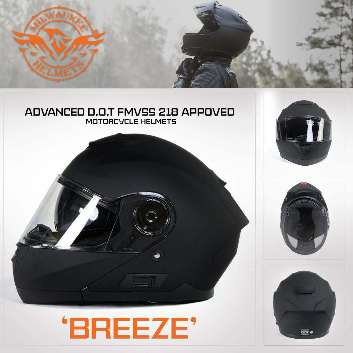 Milwaukee Helmets MPH9814DOT 'Breeze' Flat Black Modular Helmet for Men and Women Biker w/ MP7922FMSET Heated Balaclava Bundle - Image 7