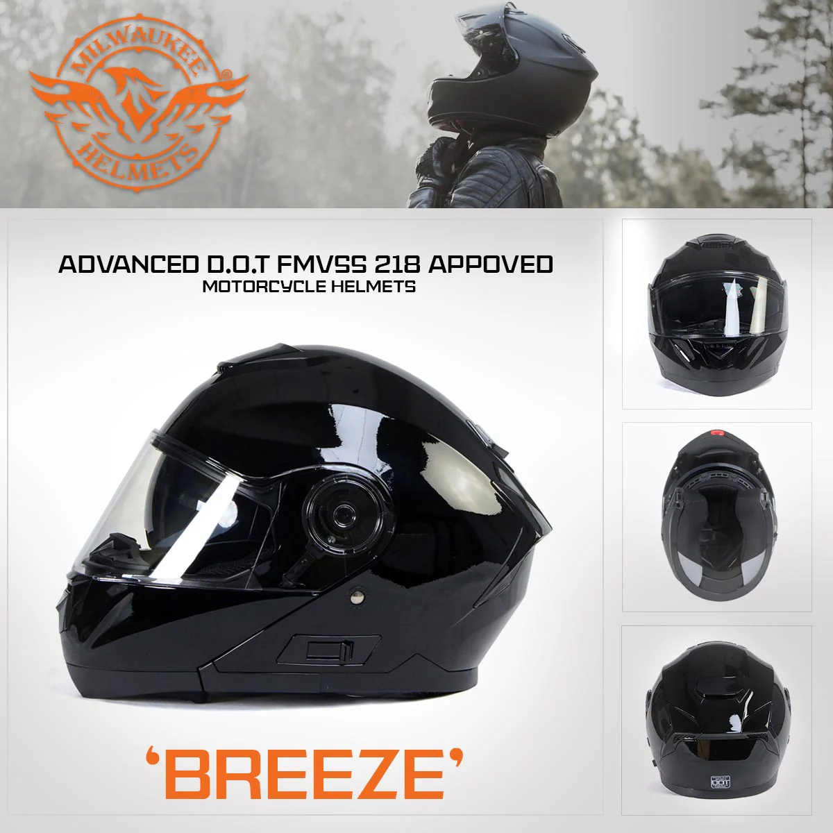 Milwaukee Helmets MPH9815DOT 'Breeze' Gloss Black Modular Helmet for Men and Women Biker w/ MP7922FMSET Heated Balaclava Bundle - Image 7