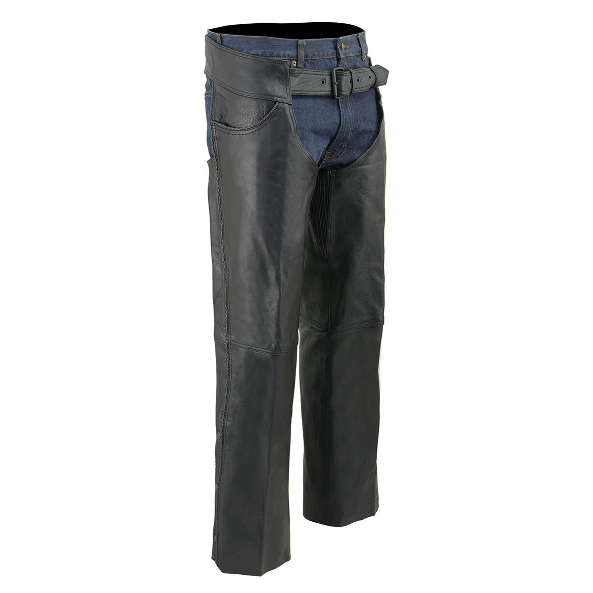 Milwaukee Leather Chaps for Men's Black Thin Braided Premium Leather Jean Style Pocket Motorcycle Chaps-ML1125 - Image 3
