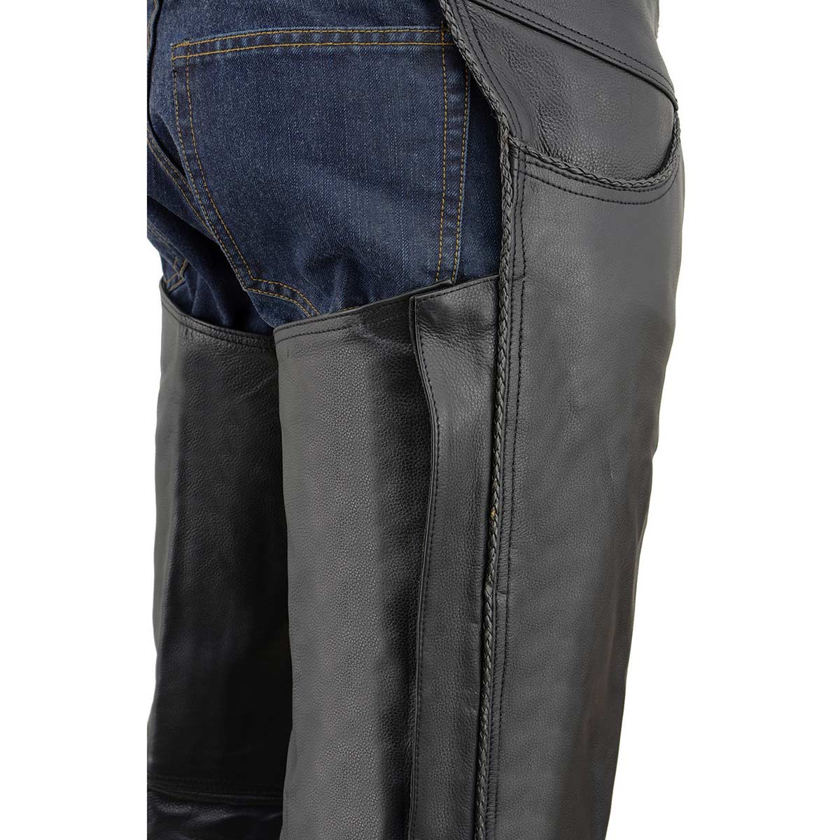 Milwaukee Leather Chaps for Men's Black Thin Braided Premium Leather Jean Style Pocket Motorcycle Chaps-ML1125 - Image 4
